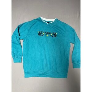 Pembrook Mens XL Teal Crewneck Sweatshirt Star Scroll Embroidery Double Collar